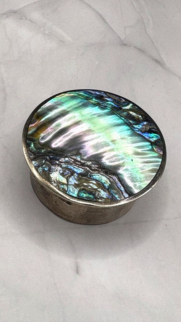 Vintage Alpaca Mexico Abalone Shell Pill Box Iridescent Inlay Miniature Trinket